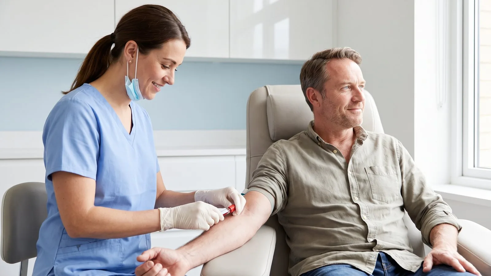 A gentle blood draw in a bright room — the person sits relaxed