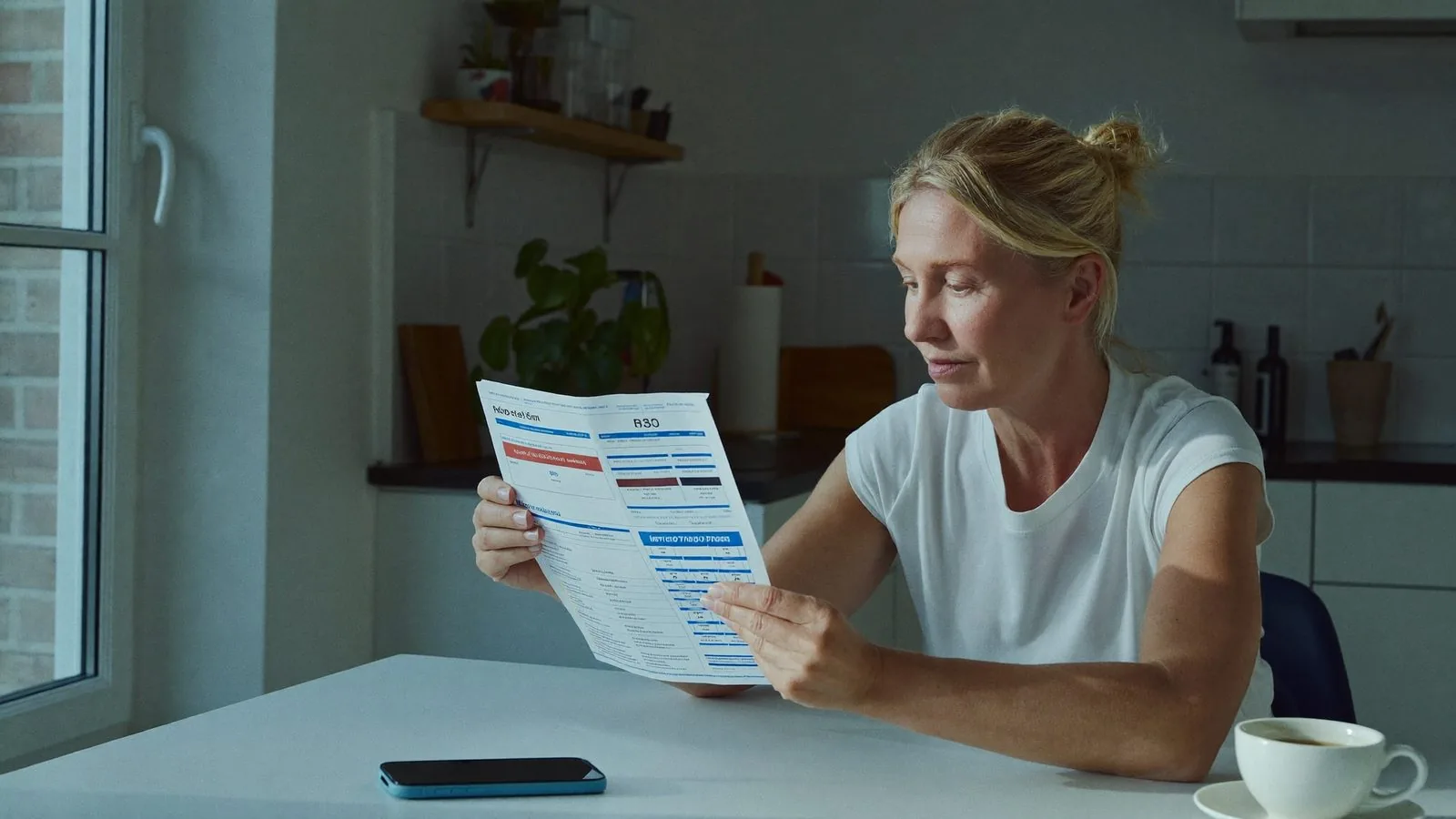 A woman reading her blood test report at her kitchen table