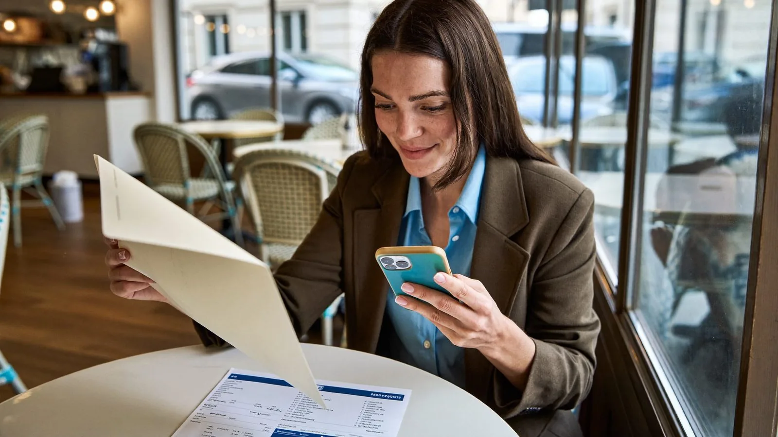 A woman comparing her paper report with the explanation on her phone